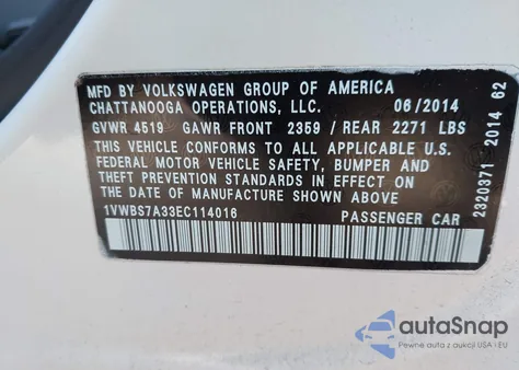 2014 Volkswagen Passat 1.8T Sport from USA, damaged, VIN 1VWBS7A33EC114016